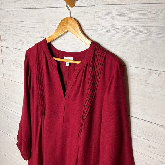 J Jill Tunic Dress Womens Size Large Red Burgundy Pintucked V Neck Long Sleeve - Picture 6 of 16